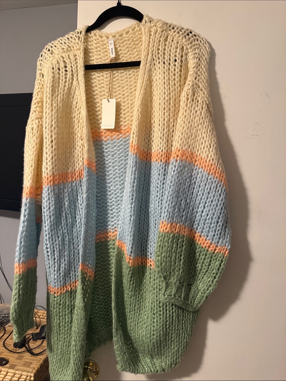 Open-Front Colorblock Knit Cardigan - Cream, Light Blue & Sage